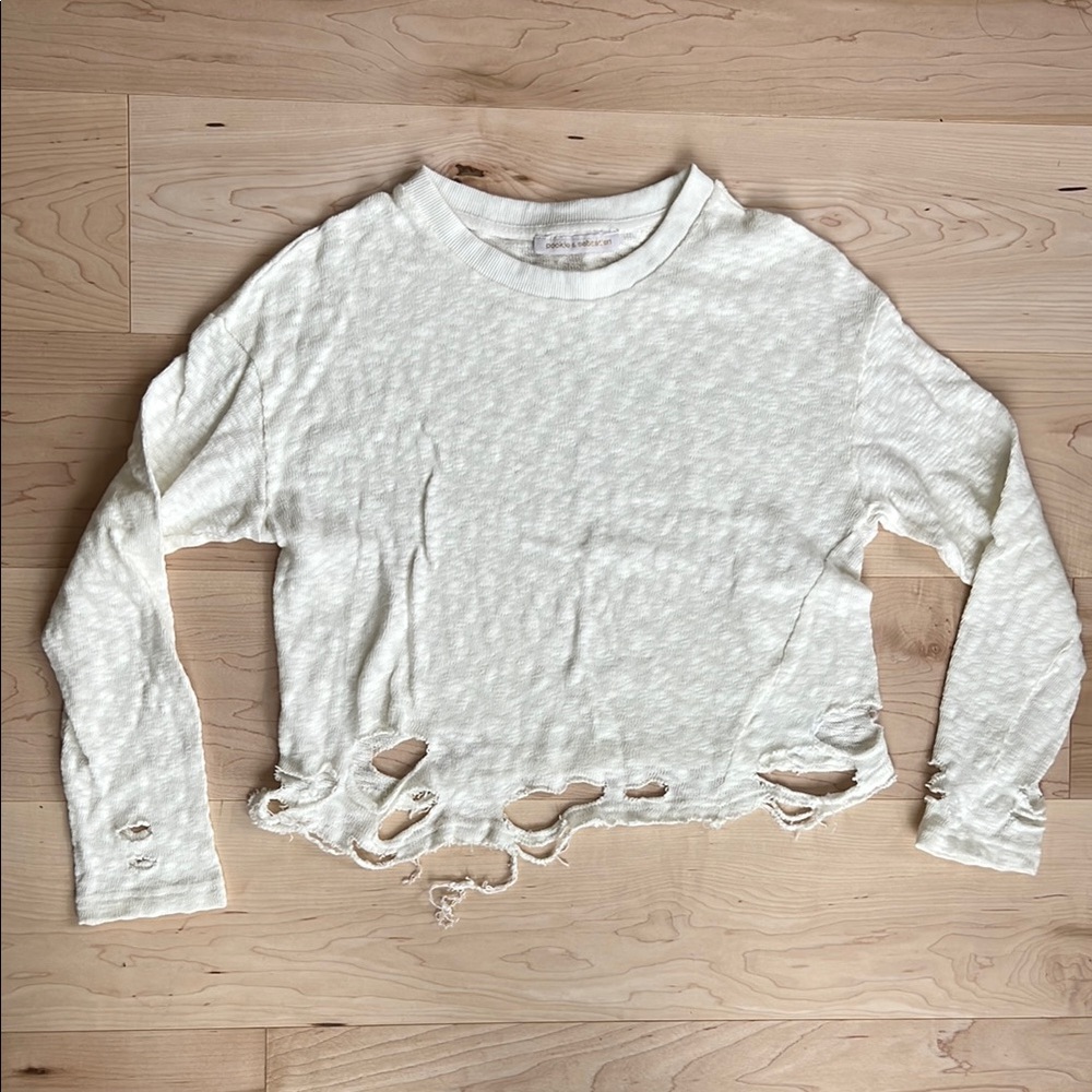 Pookie & Sebastian Distressed White Long Sleeve Top